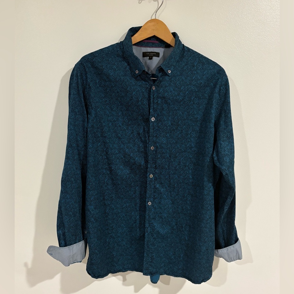 TED BAKER London Button Down Shirt Sz 7 XXL Teal Floral Zebra Geometric Print